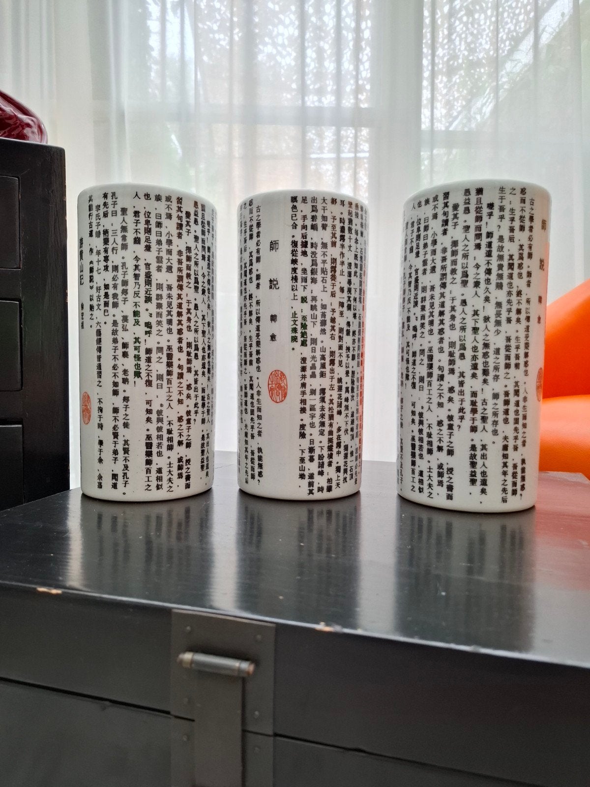 Set van 3 Chinese vazen met kalligrafie - 26 cm hoog, Antiek en Kunst, Antiek | Vazen, Ophalen