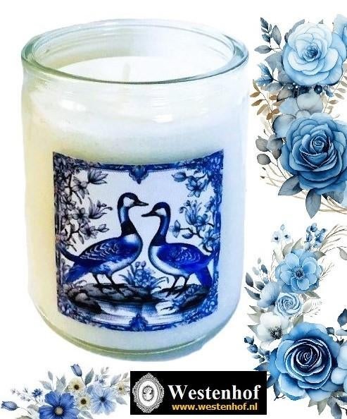 Kaars in glas wit - delfts blauw eenden - Incl. cadeau zakje, Overige materialen, Verzenden, Wit, Nieuw
