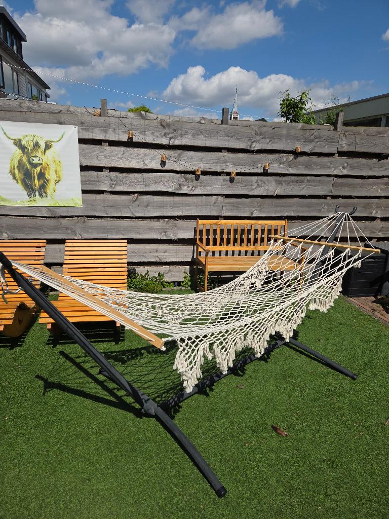 Xenos hangmat geknoopt Macrame met franjes 90x200cm, Ophalen, Opvouwbaar, Zo goed als nieuw, Eenpersoons