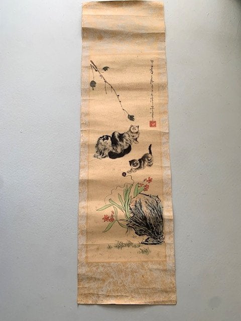 antieke Chinese hangrol schildering spelende katten, Ophalen of Verzenden