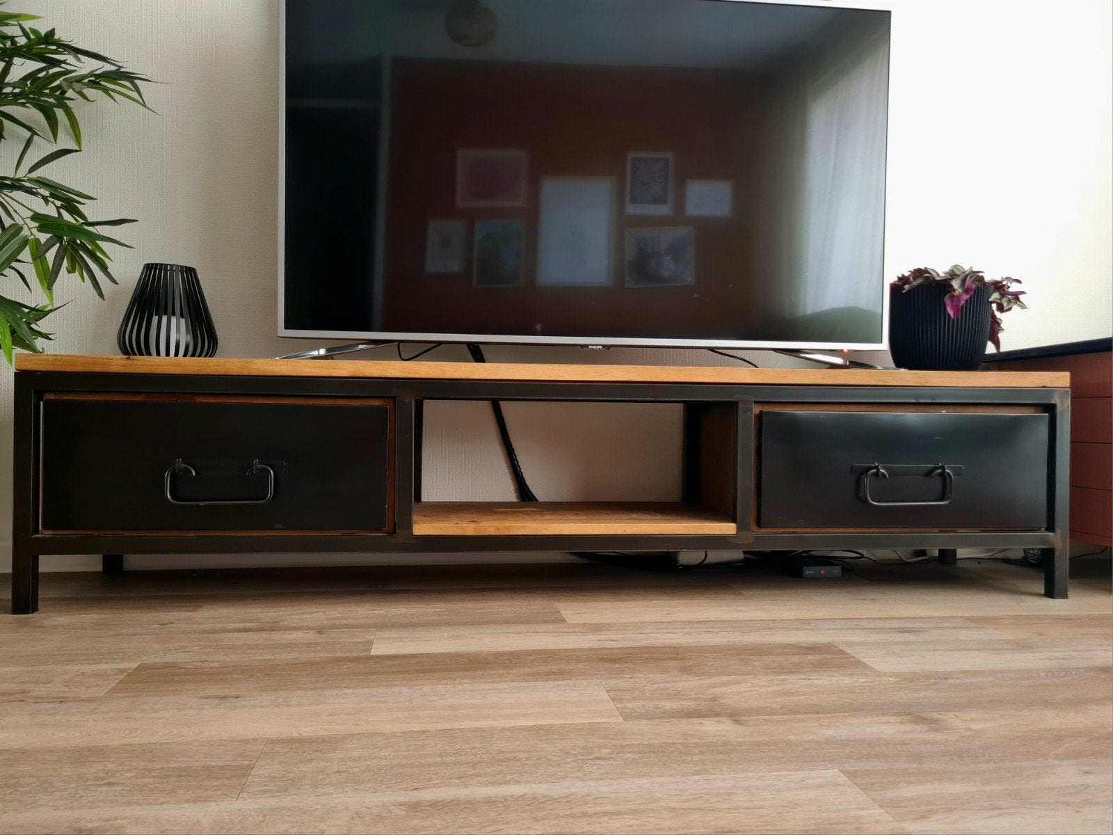 Industriële tv kast van teak hout, Ophalen, 25 tot 50 cm, Minder dan 100 cm