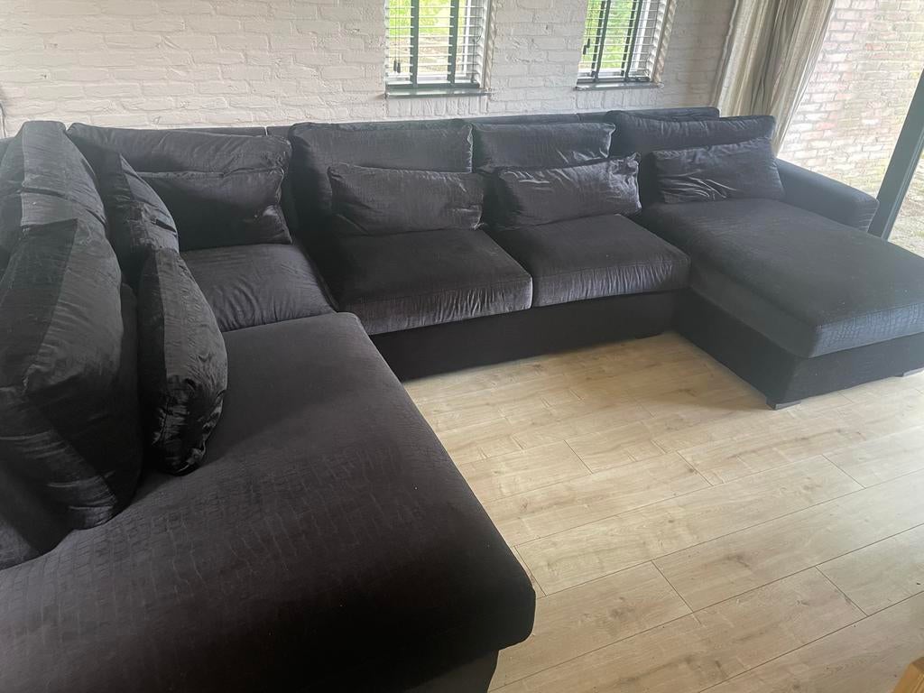 Grote Zwarte Hoekbank met Longchair - Comfortabel en Stijlvo, Ophalen, Zo goed als nieuw, Stof