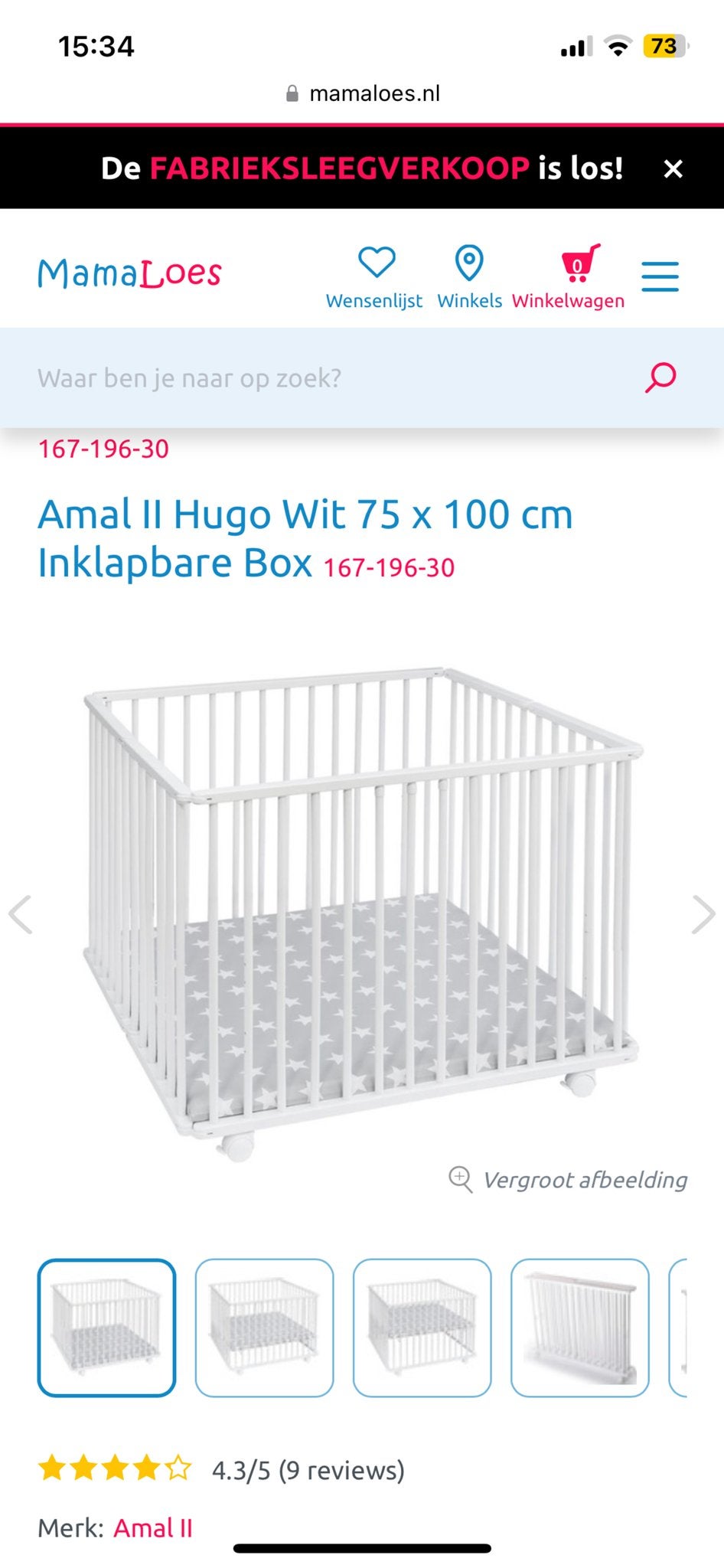 Amal II Hugo Wit Inklapbare Box 75x100 cm met lichte gebruik, Kinderen en Baby's, Boxen, Ophalen of Verzenden, Gebruikt, Rechthoekig