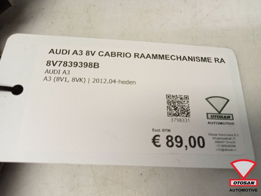 Audi A3 8V Cabrio Raammechanisme Rechts Achter 8V7839398B, Auto-onderdelen, Gebruikt, AUDI AG, Auto-Union-Strasse 1
85045  Ingolstadt, DE