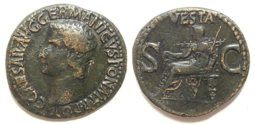Romeinse munt Caligula Æ As -VESTA above, S C - 37/8 AD, Ophalen of Verzenden, Overige landen, Losse munt