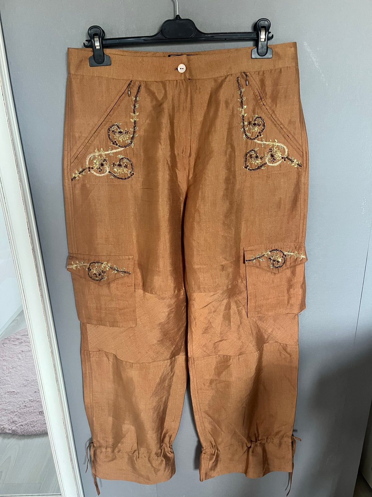 Luisa Spagnoli zijden broek met borduursel - Maat 42, Bruin, Verzenden, Maat 42/44 (L), Zo goed als nieuw