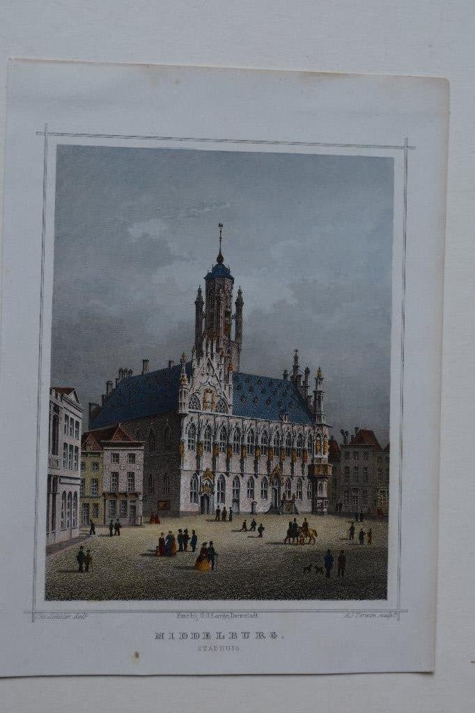 MIDDELBURG STADHUIS Terwen Staalgravure Handgekleurd GY1, Antiek en Kunst, Kunst | Etsen en Gravures, 1800 - 1899, Verzenden, Stadsgezicht