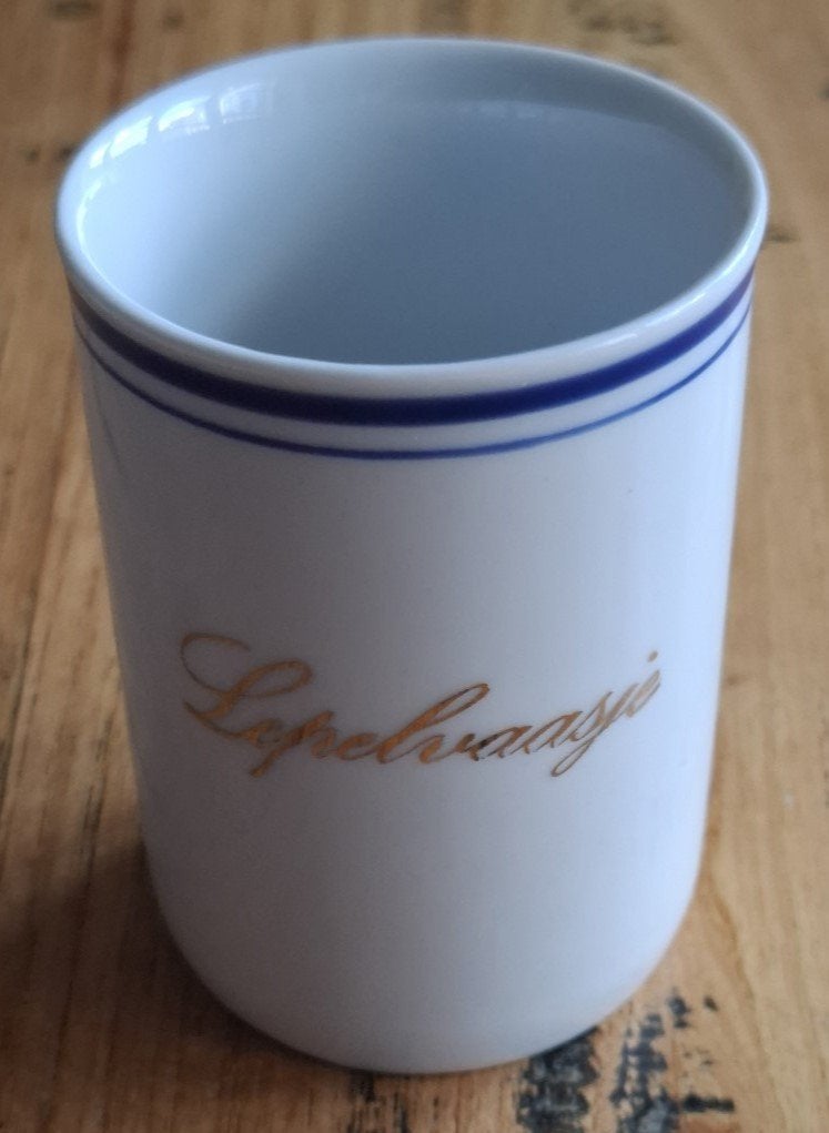 Vintage lepelvaasje, blauwe biesjes en goud kleurige letters, Gebruikt, -, Overige typen, Vintage