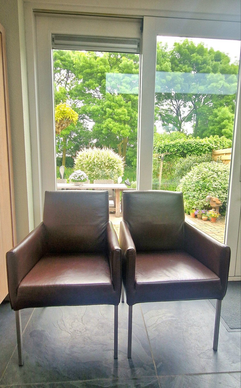 vier mooie bruine lederen stoelen van Bert Plantagie, Huis en Inrichting, Stoelen, Ophalen, Zo goed als nieuw, Bruin
