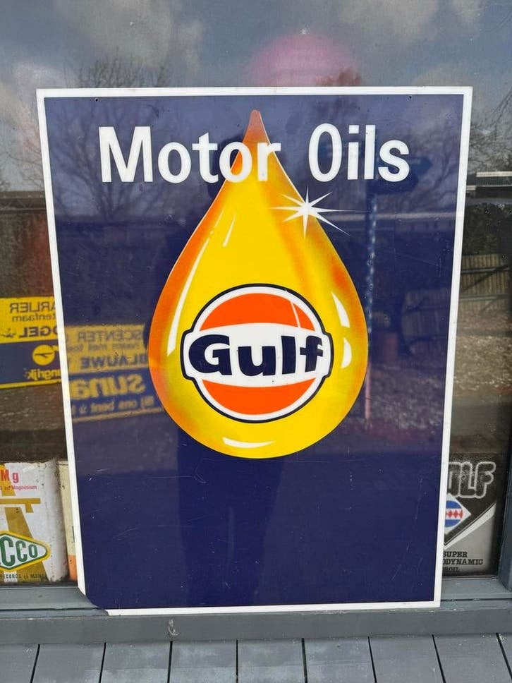 Vintage Gulf Motor Oils Reclamebord - Emaille Look, Verzamelen, Gebruikt, ., Lichtbak of (neon) lamp, Ophalen of Verzenden