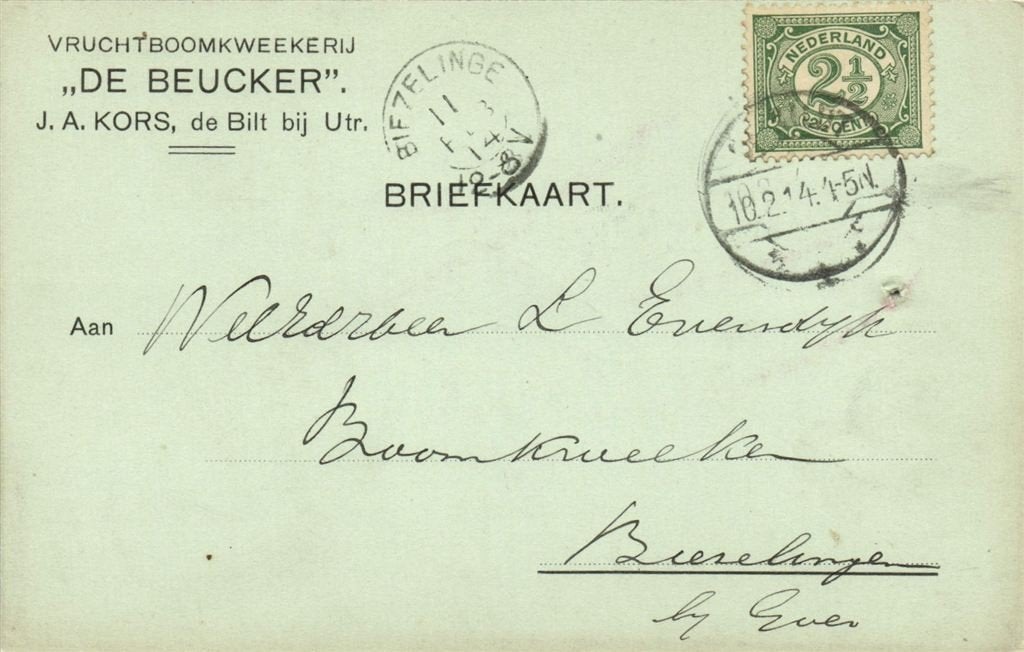 J.A. Kors, de Bilt bij Utr. - 02.1914 - briefkaart, Ophalen of Verzenden, Briefkaart