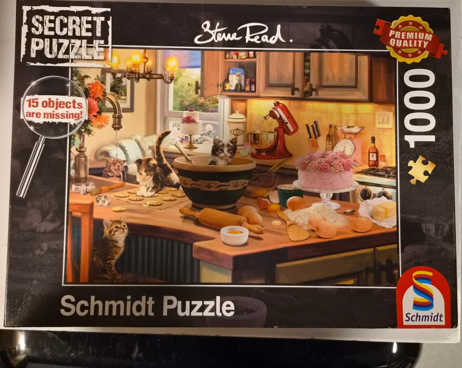 Schmidt Secret Puzzle 1000 stukjes - Katten in de keuken, Ophalen of Verzenden, 500 t/m 1500 stukjes, Zo goed als nieuw, Legpuzzel