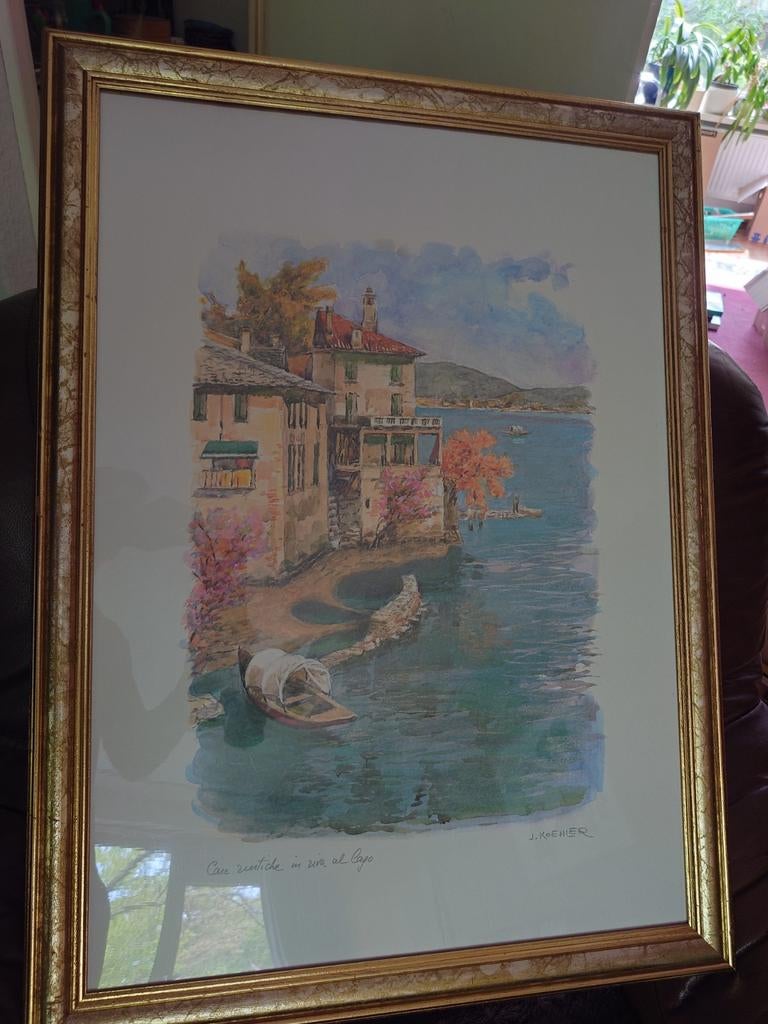 2 waterverfschilderijen ingelijst Gardameer, Antiek en Kunst, Kunst | Schilderijen | Klassiek, Ophalen of Verzenden