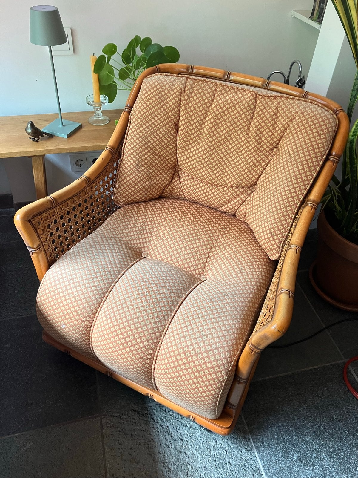Giorgetti rotan fauteuil met stoffen bekleding, Ophalen, Gebruikt, Overige kleuren, Riet of Rotan