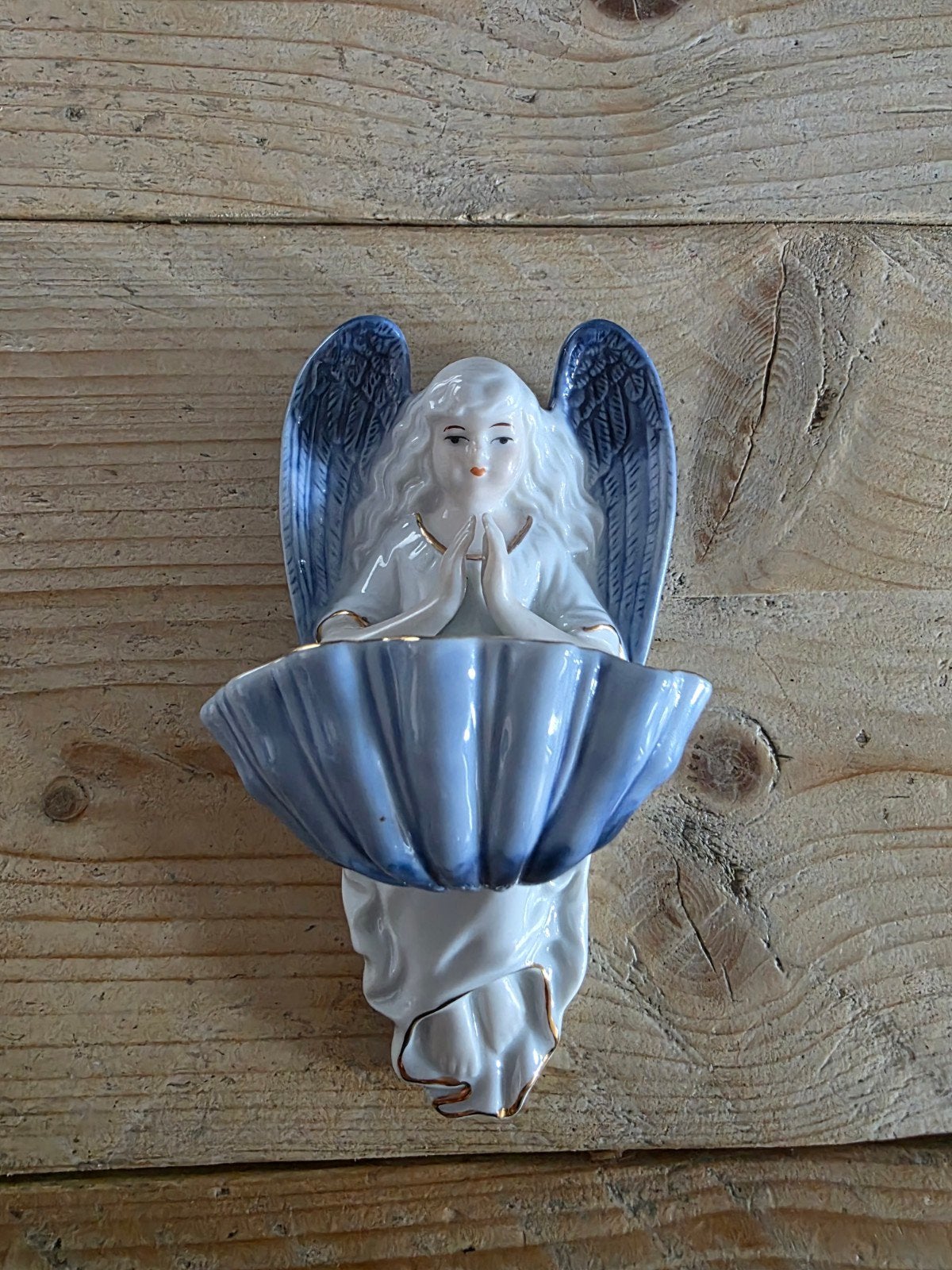 Vintage Porseleinen Wijwaterbakje Engel - Blauw met Goudacce, Ophalen of Verzenden