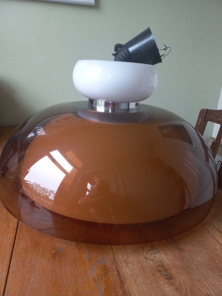 Grote vintage jaren '70 hanglamp bruin/wit, Ophalen, Kunststof, Gebruikt, Vintage