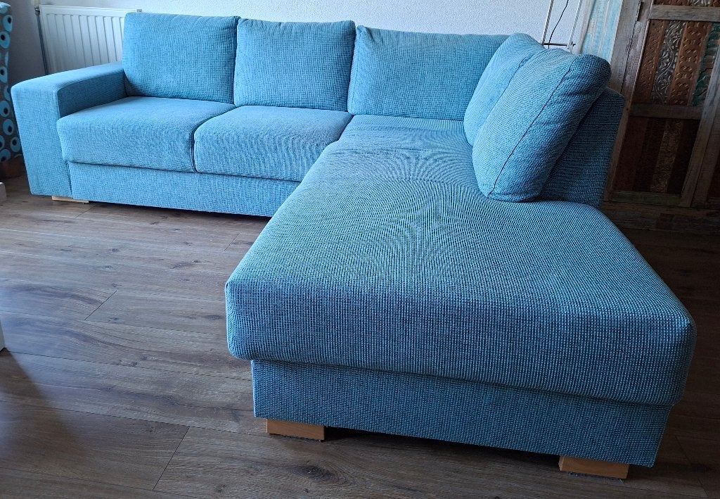 Blauwe hoekbank, Huis en Inrichting, Banken | Bankstellen, Ophalen, Gebruikt, Minder dan 75 cm, Stoffen bank met een lichtblauwe/donkerblauwe struktuur