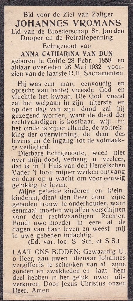 Vromans Johannes 1858 Goirle 1932, Ophalen of Verzenden, Bidprentje