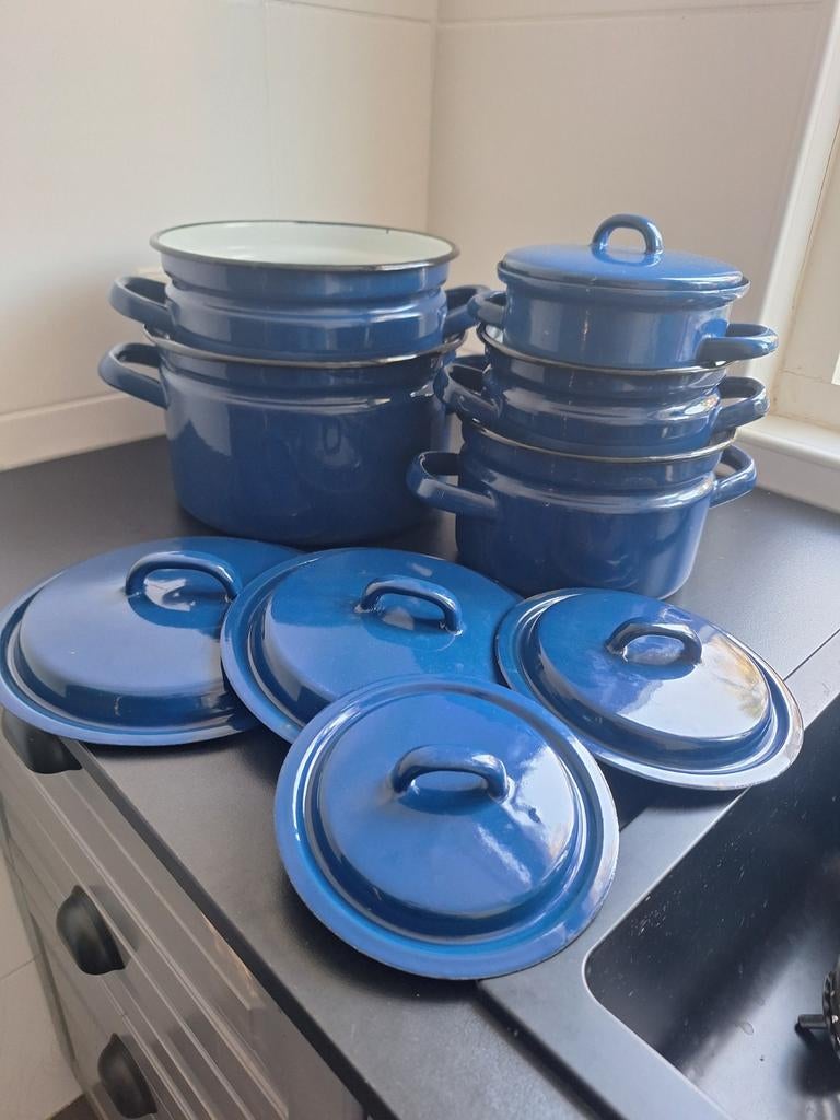 Vintage emaille pannenset - Diepblauw, Ophalen