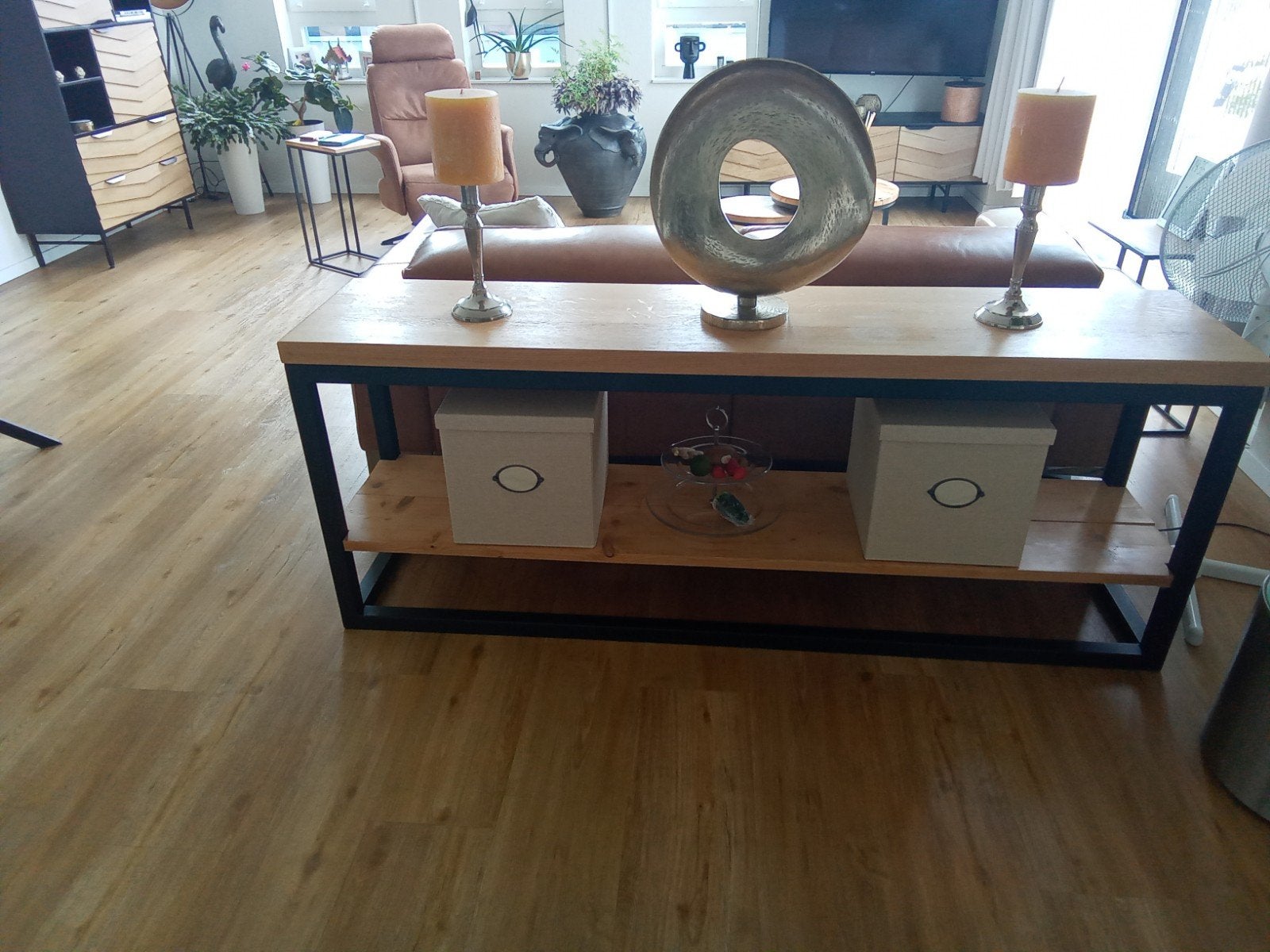 Stijlvol site tabel met houten blad en metalen frame, Ophalen, Zo goed als nieuw, Modern industrieel, 75 cm of meer