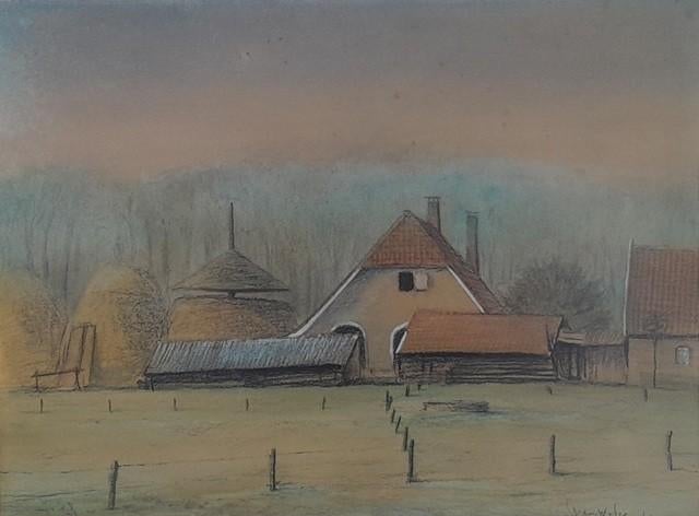 Boerderij met drie hooimijten. Schilderij incl. lijst, Huis en Inrichting, Woonaccessoires | Schilderijen, Tekeningen en Foto's