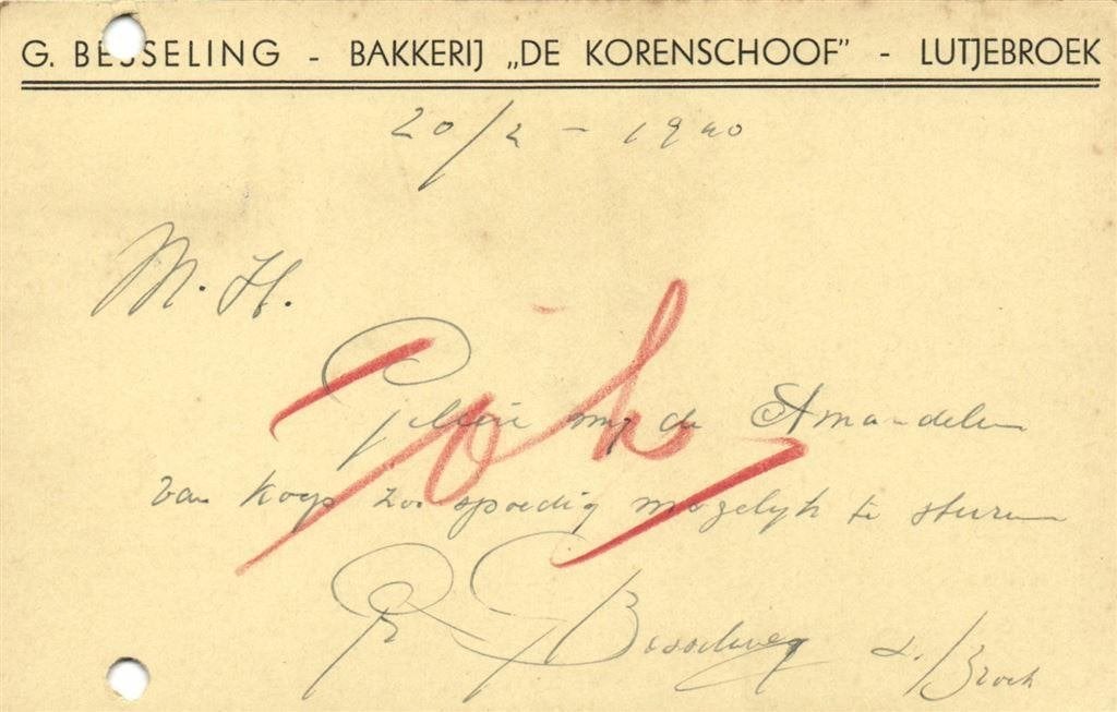 Bakkerij De Korenschoof, Lutjebroek - 02.1940 - briefkaart, Ophalen of Verzenden, Briefkaart