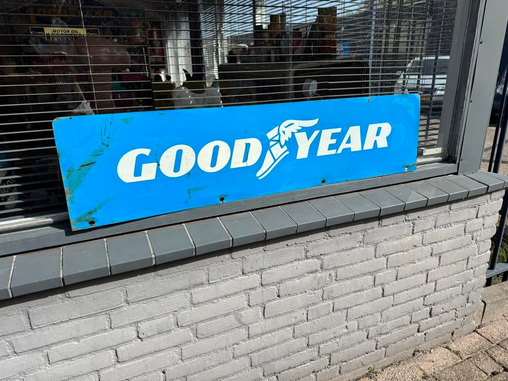Vintage Goodyear reclamebord - Blauw geëmailleerd, Verzamelen, Ophalen, Reclamebord, Gebruikt, .