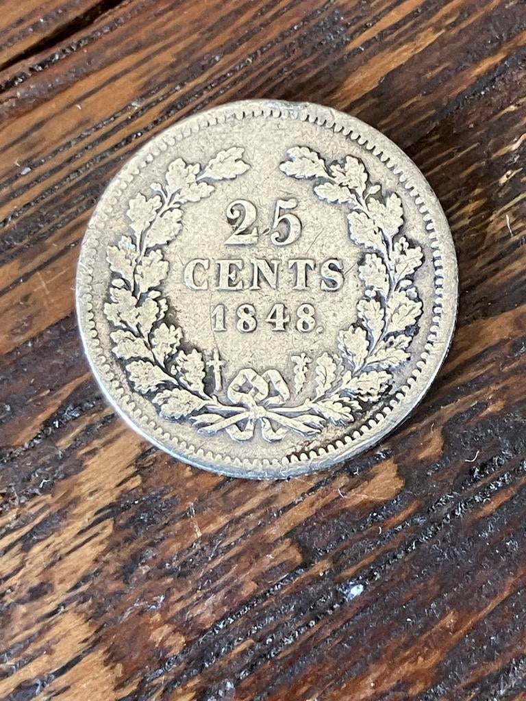 Zilveren 25 Cents Willem II uit 1848, Postzegels en Munten, Munten | Nederland, Zilver, 25 cent, Ophalen of Verzenden, Losse munt