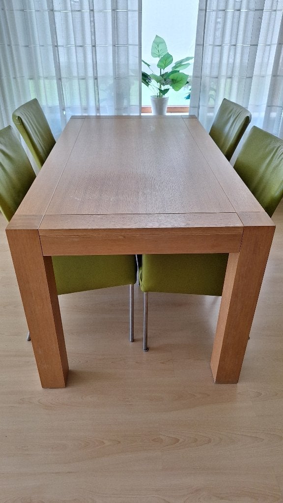 Complete set eetkamer stoelen en eiken houten tafel., Ophalen, Zo goed als nieuw, Eiken/leder, 4 tot 6 stoelen