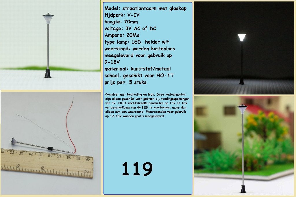 MTHO - Set van 5 lantaarns met lichtkap; schaal HO (119), Hobby en Vrije tijd, Overige merken, Gelijkstroom of Wisselstroom, Brug, Tunnel of Gebouw