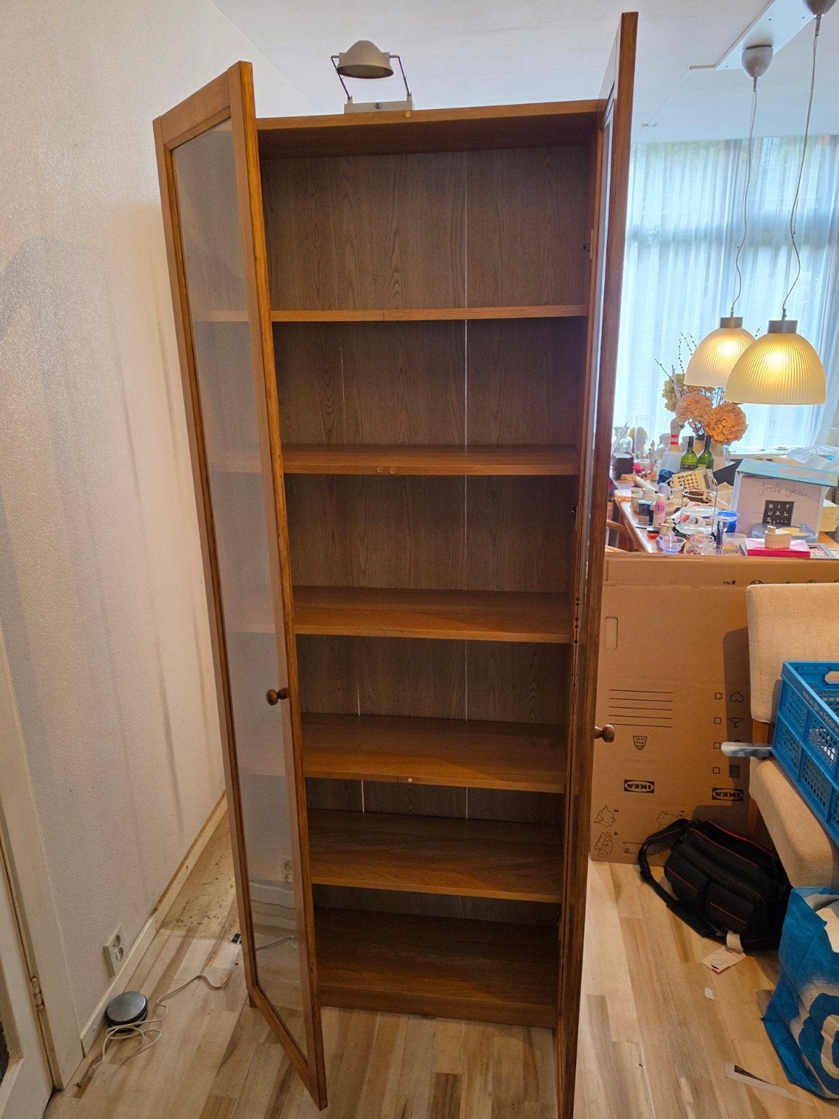 3 x IKEA BILLY Boekenkast met OXBERG Glazen Deuren - Eikenlo, Eikenhout, 200 cm of meer, 50 tot 100 cm, 25 tot 50 cm