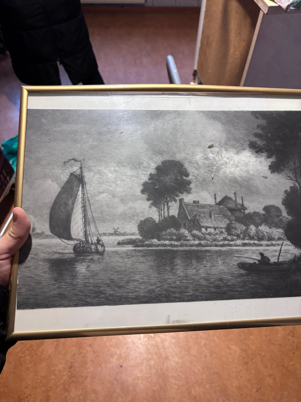 Antieke Ets: Hollands Landschap met Zeilboot en Boerderij, Ingelijst, 1800 - 1899, Ets, Ophalen of Verzenden