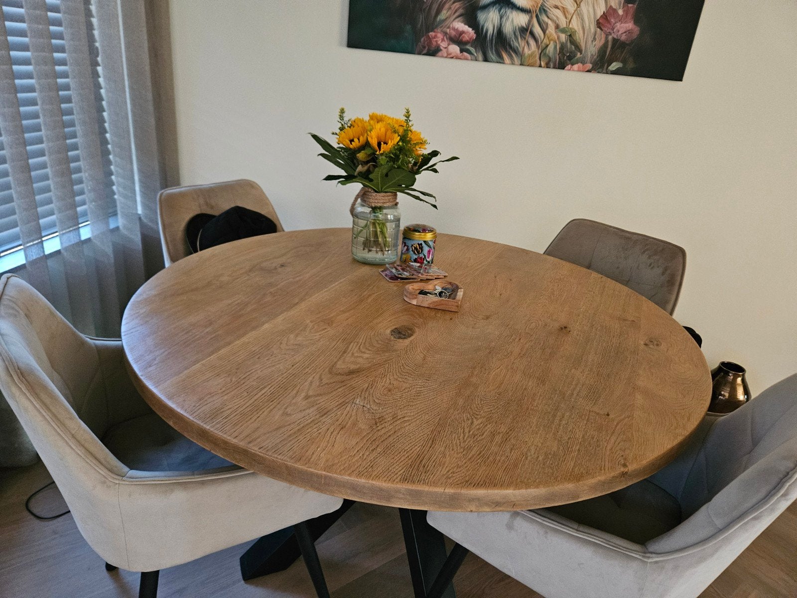 Ronde eettafel van eikenhout, diameter 1.30, Huis en Inrichting, Tafels | Eettafels, Ophalen, Gebruikt, Vijf personen of meer