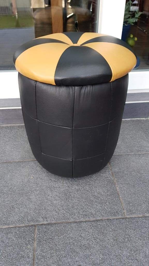 Vintage poef zwart/geel leer, Minder dan 50 cm, 125 cm of meer, Leer, Ophalen of Verzenden