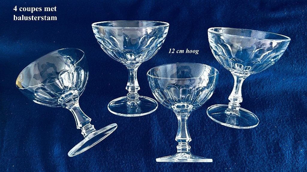 4x Champagne Coupe Baluster Olijfslijpsel 12h Glas Kristal, Ophalen