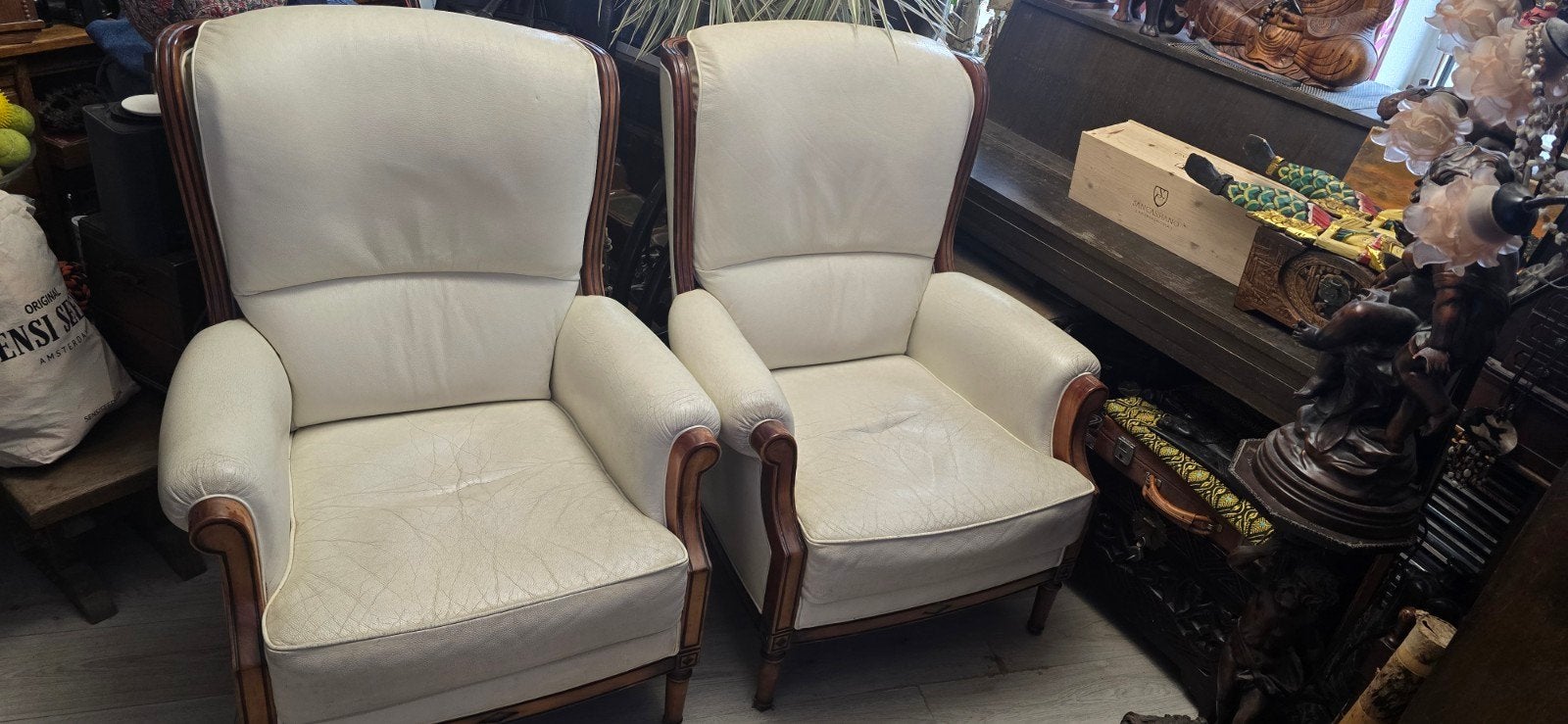 Set van 2 Vintage Leren Fauteuils - Crème Wit, Ophalen of Verzenden