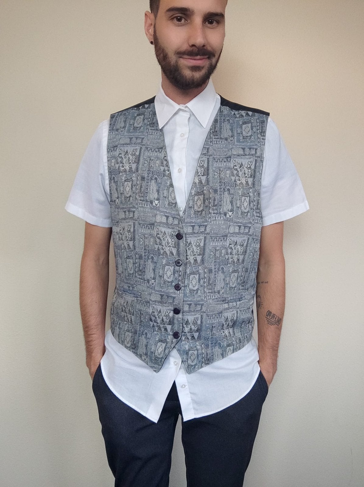 Vintage gilet/waistcoat - print - grijs - L/large, Maat 52/54 (L), Hgv, Hgv, Ophalen of Verzenden