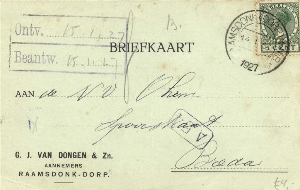 G.J. van Dongen + Zn., Raamsdonk-Dorp - 01.1927 - briefkaart, Ophalen of Verzenden, Briefkaart