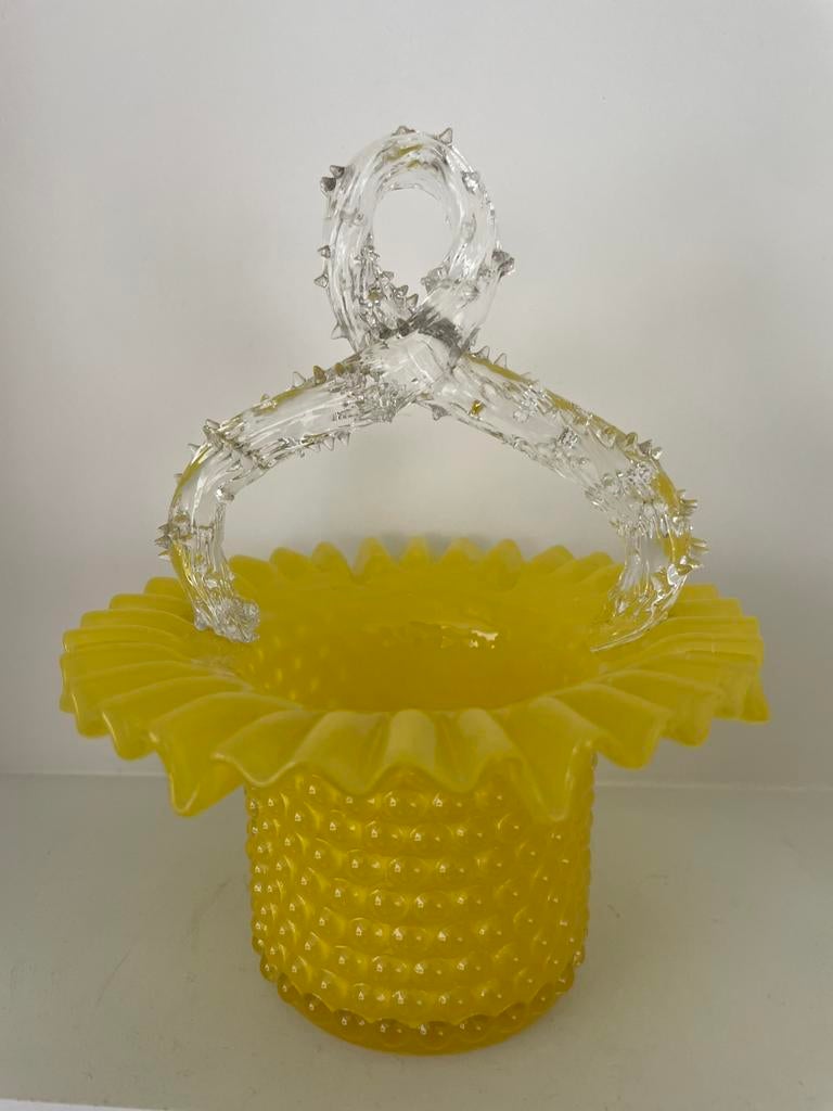 Victorian geel hobnail glazen mandje/vaas met doornen hendel, Ophalen of Verzenden