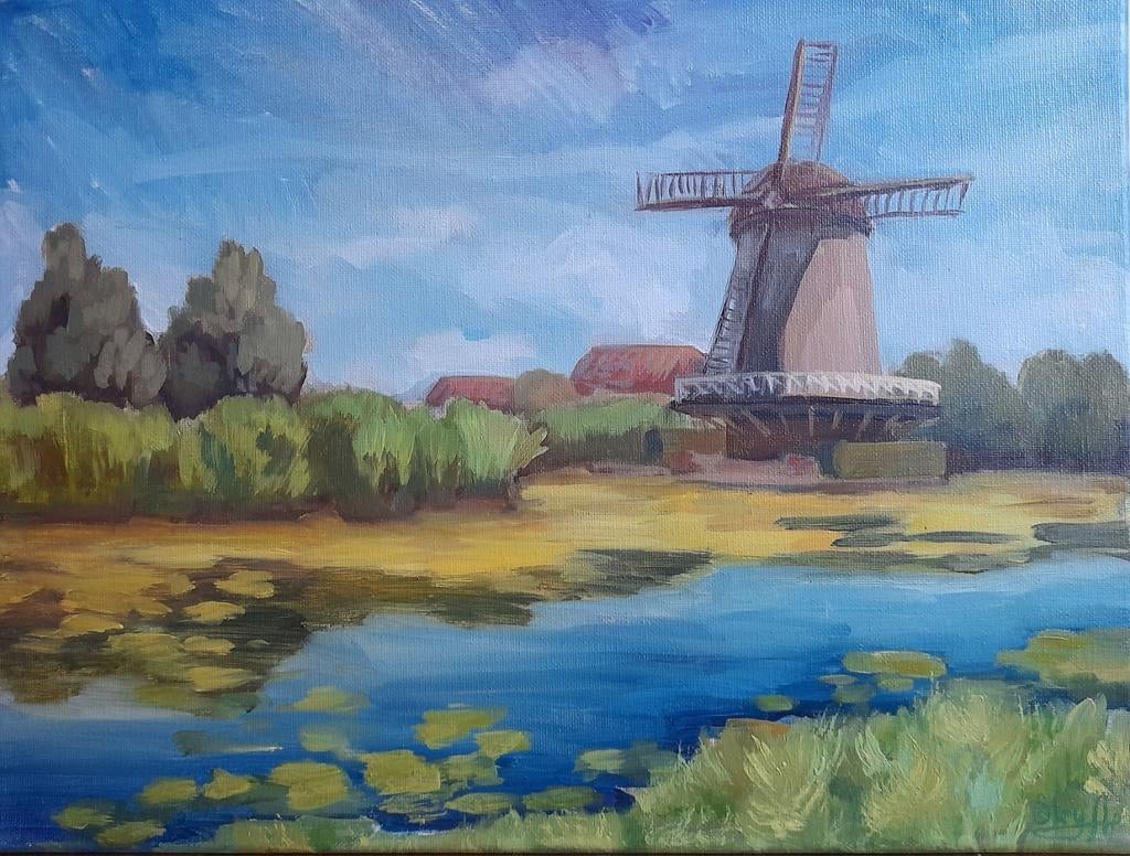 Olieverf schilderij met molen, 30x40 cm, Ophalen