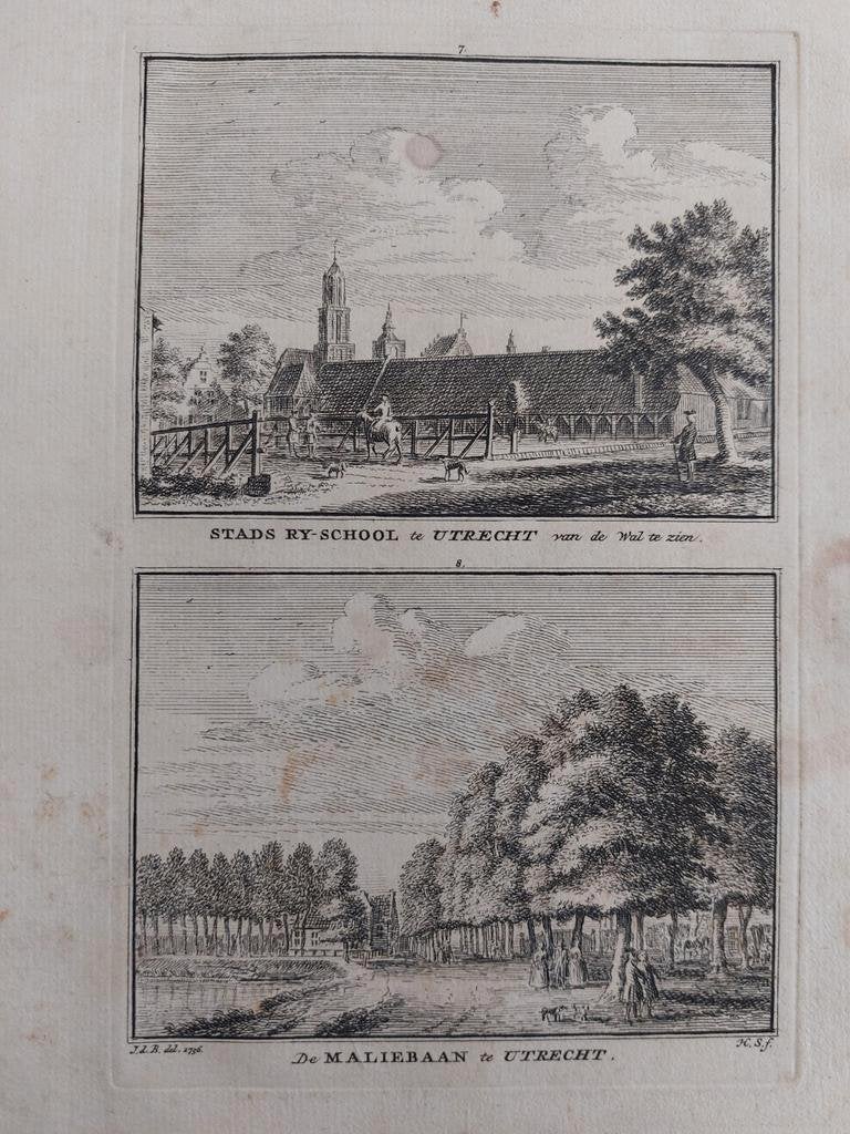 7-8 / Stads Ry-school en Maliebaan  Utrecht Kopergravure, Antiek en Kunst, Ophalen of Verzenden