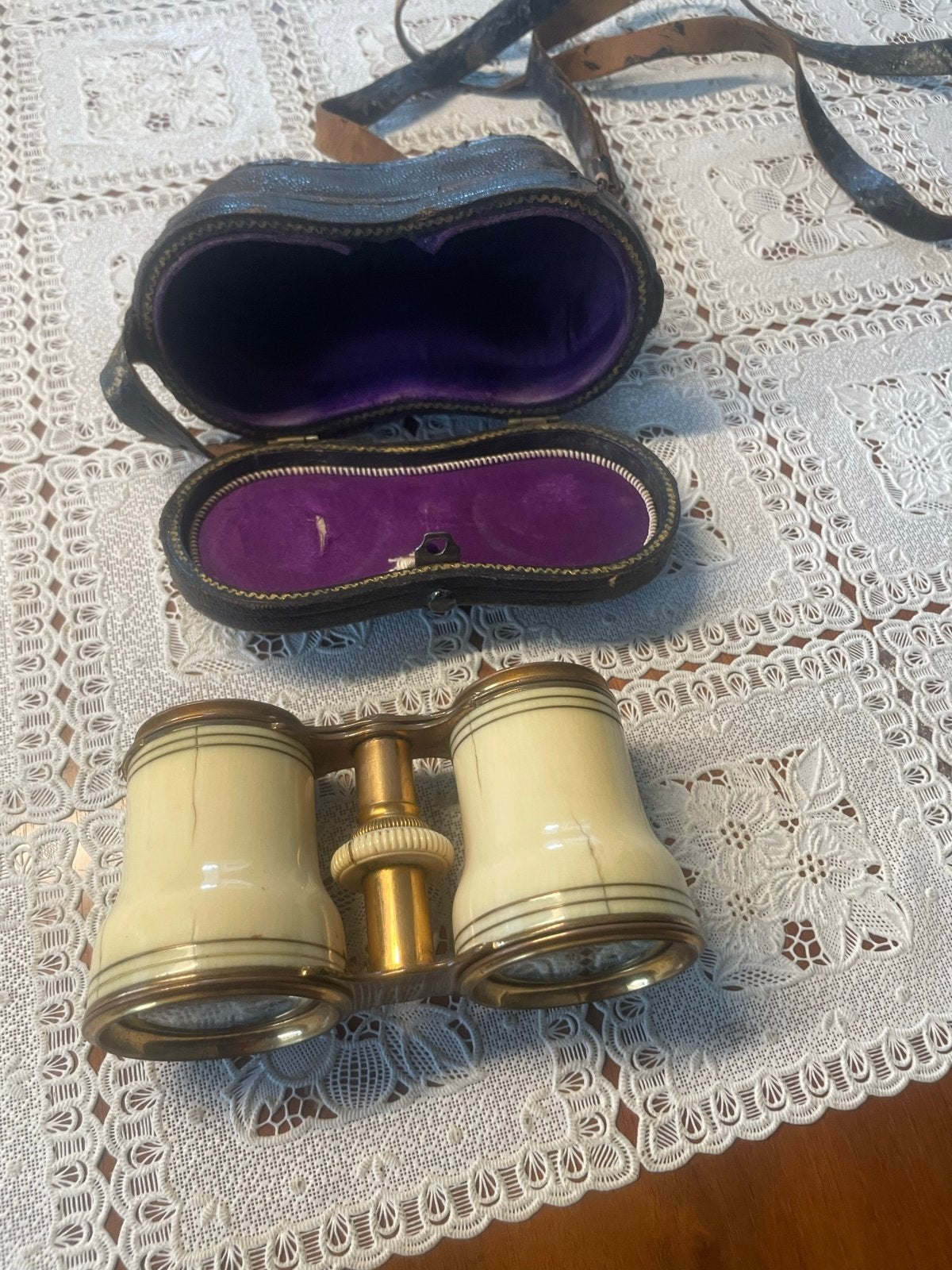 Antieke Opera Verrekijker met Ivoor en Leren Etui, Antiek en Kunst, Ophalen of Verzenden