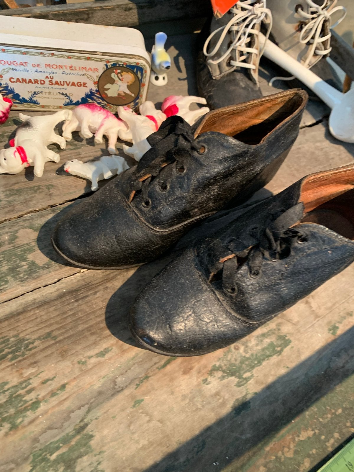 Antieke Leren Kinderschoenen - Vintage Decoratie, Antiek en Kunst, Ophalen of Verzenden, Kinderen