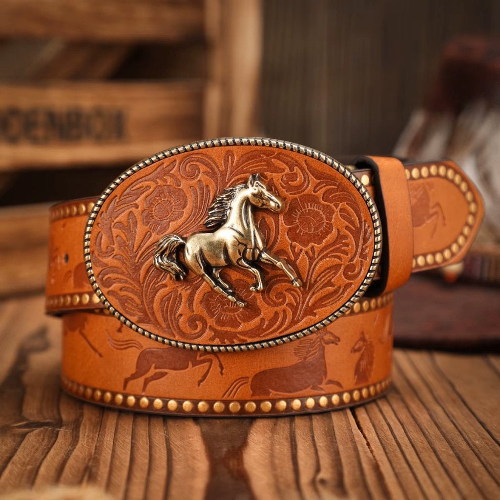 Cognac bruine kunstleren western riem met paard, Bruin, Verzenden, Nieuw, 115 cm of meer