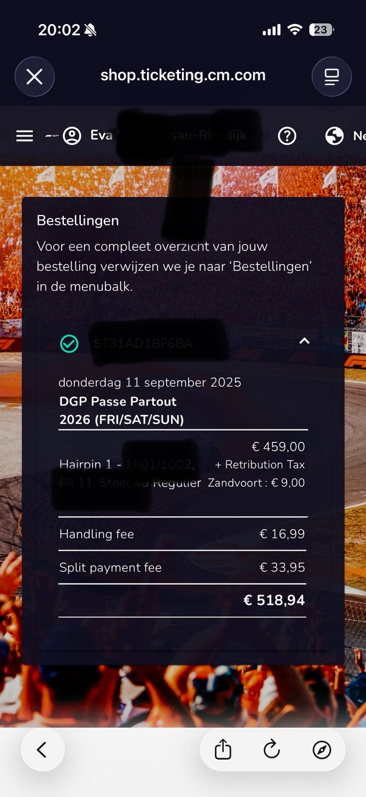 F1 ticket Zandvoort 3 dgn, Eén persoon, Meerdaags