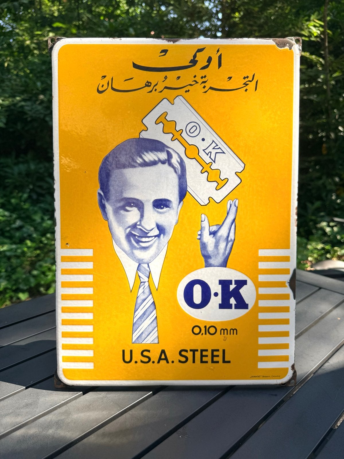 Zeldzaam Emaille Reclamebord U.S.A. STEEL OK Kappers, Ophalen of Verzenden, Zo goed als nieuw, Reclamebord