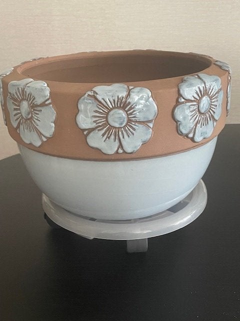 Grote Keramische bloempot met onderzetter op wieltjes, Ophalen, 40 cm of meer, Rond, Zo goed als nieuw