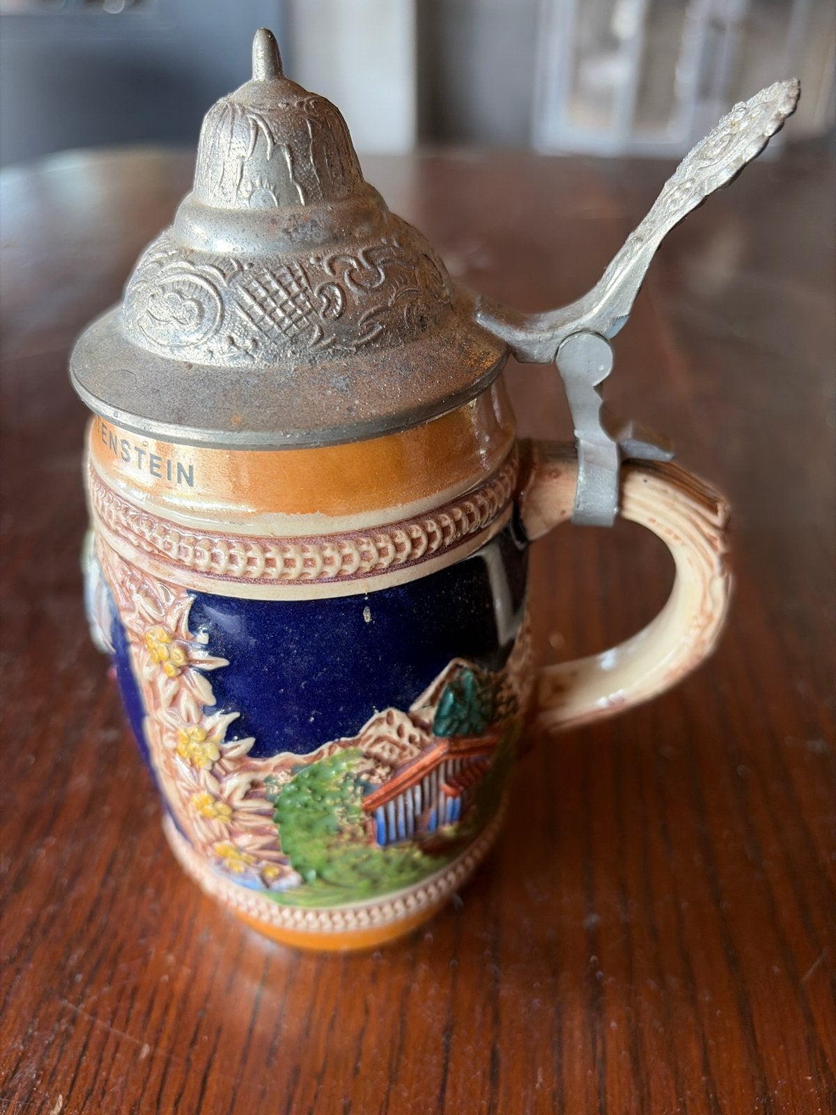 Vintage Bierpul Liechtenstein met tinnen deksel, Antiek en Kunst, Antiek | Keramiek en Aardewerk, Ophalen of Verzenden