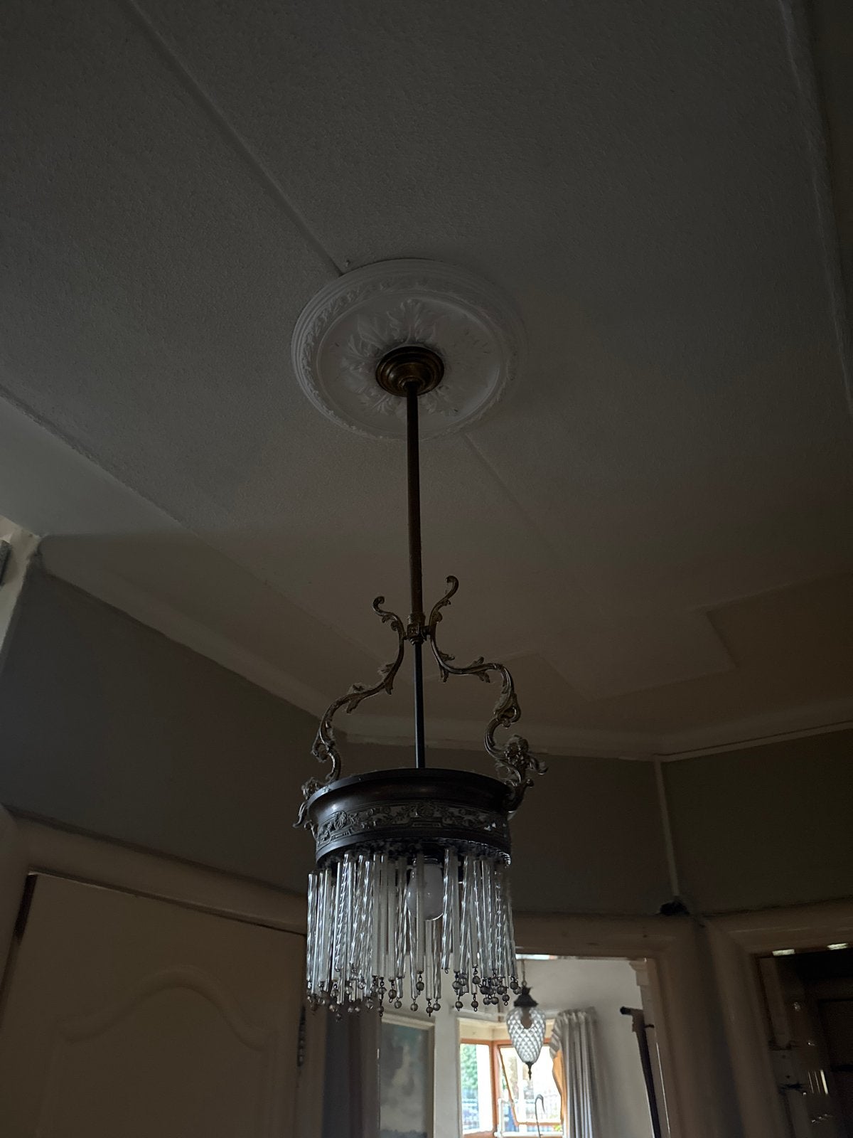 Antieke kroonluchter met glazen staafjes, Antiek en Kunst, Antiek | Lampen, Ophalen of Verzenden