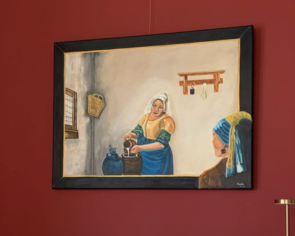 De Melkmeid en het Meisje met de Parel - Olieverf, Antiek en Kunst, Acrylverf, Doek, Portret of Personen, Realistisch